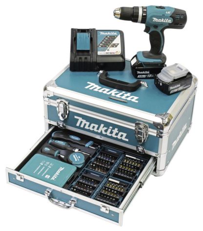 Makita Akku-Schlagbohrschrauber 18 V / 2x3,0 Ah im Alukoffer inklusive 96-tlg. Zubehörset DHP453RFX2