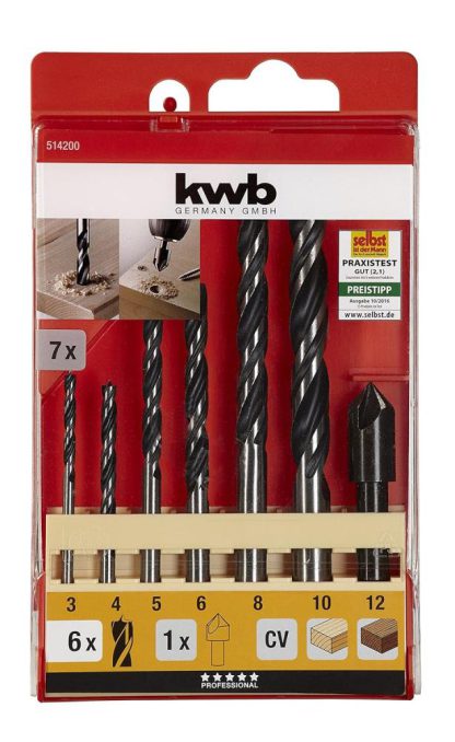 kwb CV Holzbohrer-Set  Holz-Spiralbohrer für Hartholz und Weichholz, 7-teilig inkl. 90-Grad Senker