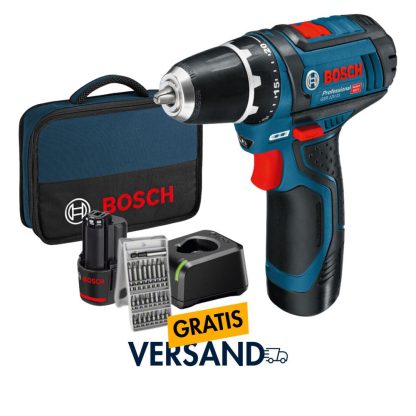 Bosch Professional 12V Akkuschrauber GSR 12V-15 (inkl. 2x 2.0Ah Akku, GAL 12V-20, 25-tlg.-Bit-Set, in Tasche