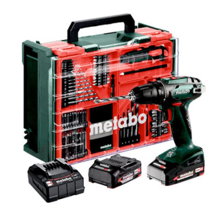 Metabo Akku-Bohrschrauber BS 18 Set 18V 2x2,0Ah, Ladegerät und 74-tlg. Mobile Werkstatt