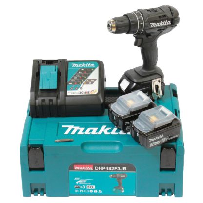 Makita DHP482F3JB Akku-Schlagbohrschrauber 18V in schwarz 3x3,0Ah und Ladegerät im MakPac