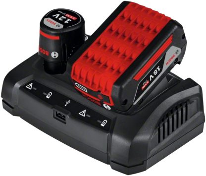 Bosch Professional 18V System Ladegerät GAX 18V-30 (je eine Ladebuchse für 12V & 18V Akku, USB Ladebuchse, Wandstativhalterung, im Karton)
