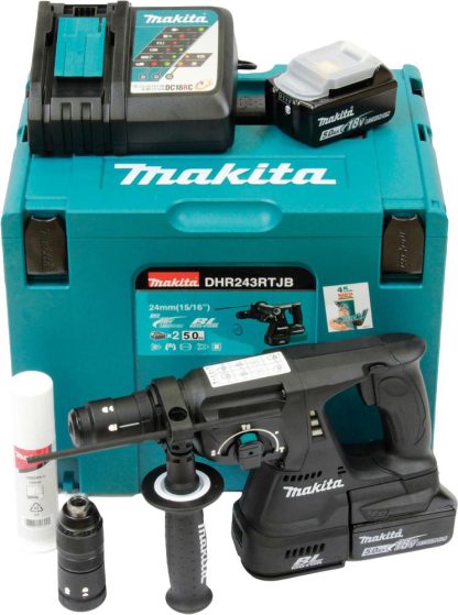 Makita DHR243RTJB Akku-Kombihammer für SDS-PLUS 18V in schwarz / 5,0 Ah, 2 Akkus + Ladegerät im MAKPAC