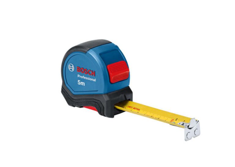 Bosch Professional Maßband 5 m (Einhandbedienung, Gürtelklemme, Magnethaken, 2 Stopp-Tasten, 27 mm Nylon-Stahlband)